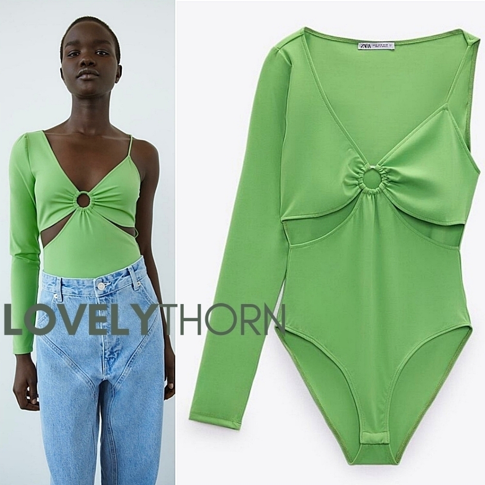 ZARA // retro-chic o-ring asymmetric 1 sleeve cut-out baby grass green bodysuit